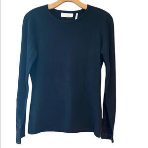 Mainbocher S Black Vintage 100% Cashmere Crew Lacey Long Sleeve Sweater